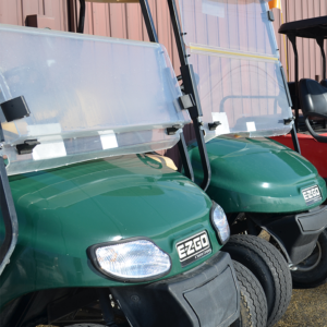 Christians Carts Green EZGO golf cart front angle view